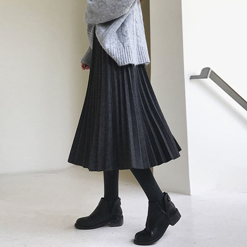 百褶裙秋冬款高腰中长款呢子裙女2021新款宽松褶皱a字毛呢半身裙