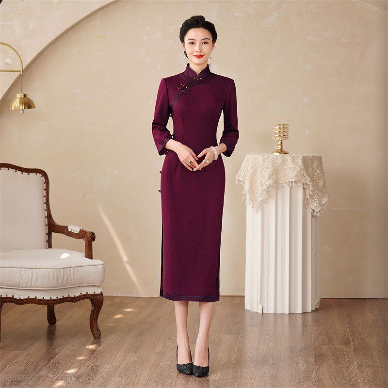 高档羊毛旗袍2024新款秋冬季七分袖中国风喜婆婆妈妈装连衣裙长款