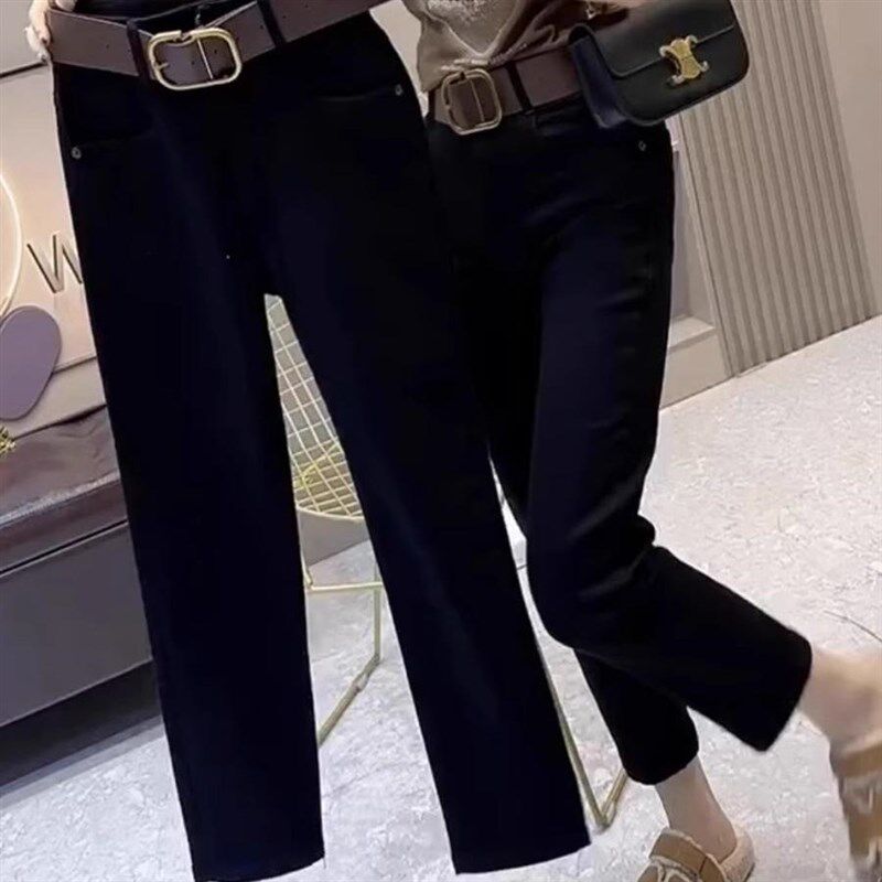 梨型身材大码直筒弹力加绒牛仔裤女秋冬新款高腰显瘦黑色烟管裤子