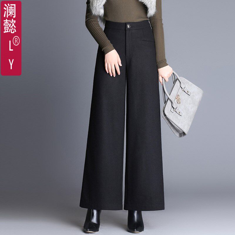 毛呢阔腿裤女高腰秋冬厚款韩版裤宽松bf风九分裤直筒裤靴裤梧桐裤