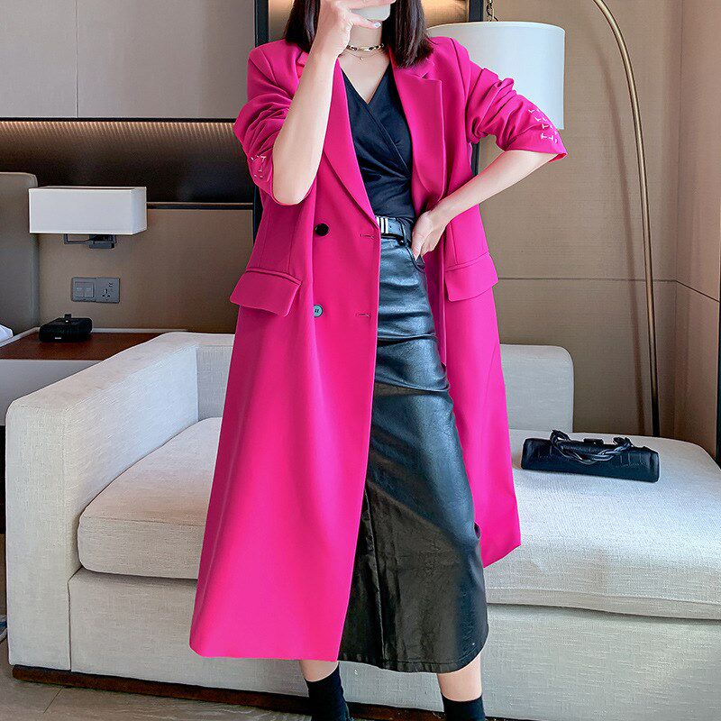 2024春季新款大码玫红色长款西装外套女胖mm高级感过膝风衣200斤
