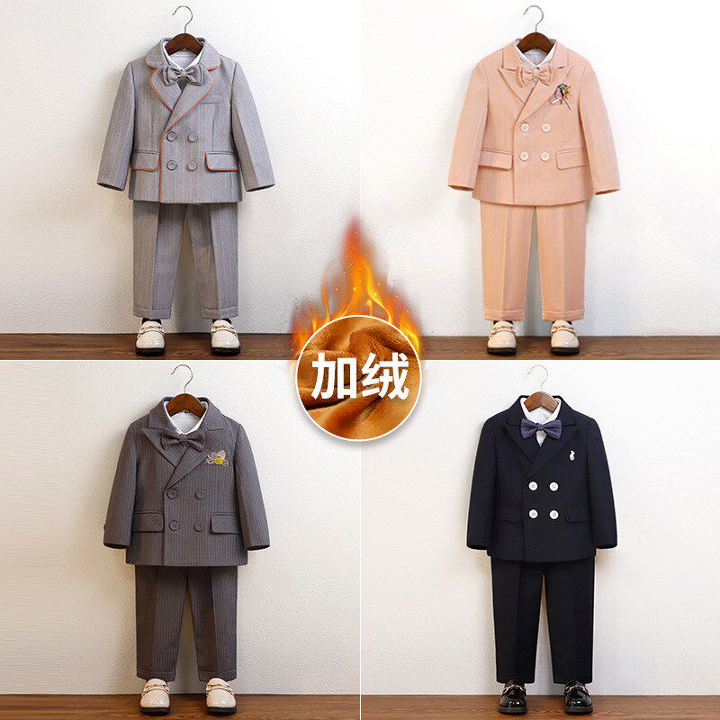 秋冬儿童加绒西装男童加厚小西服周岁花童礼服男孩钢琴主持演出服