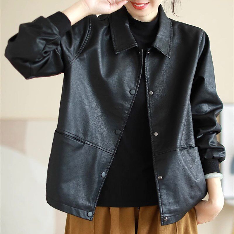 黑色春秋新款皮衣女宽松大码时尚机车小个子PU皮夹克翻领短款外套