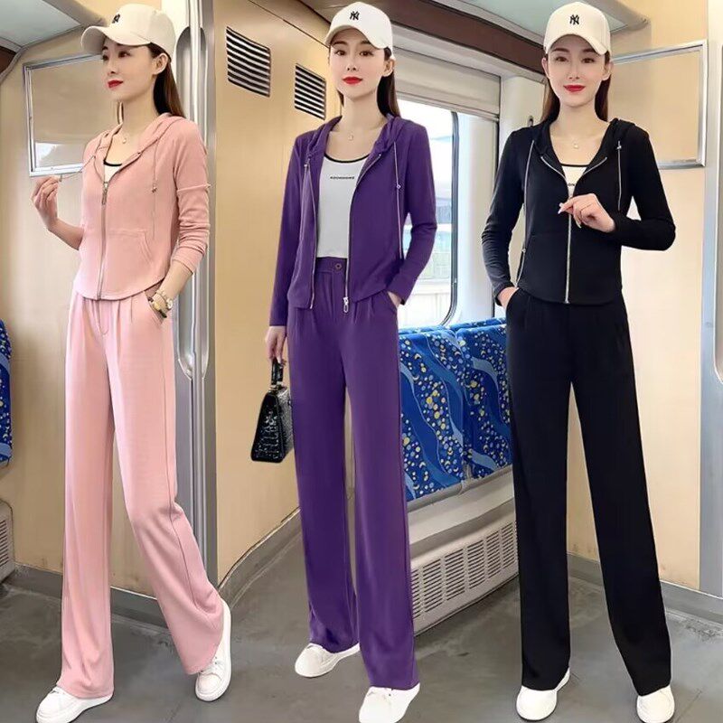 休闲运动套装女2024春装新款洋气小个子短款卫衣连帽直筒裤俩件套