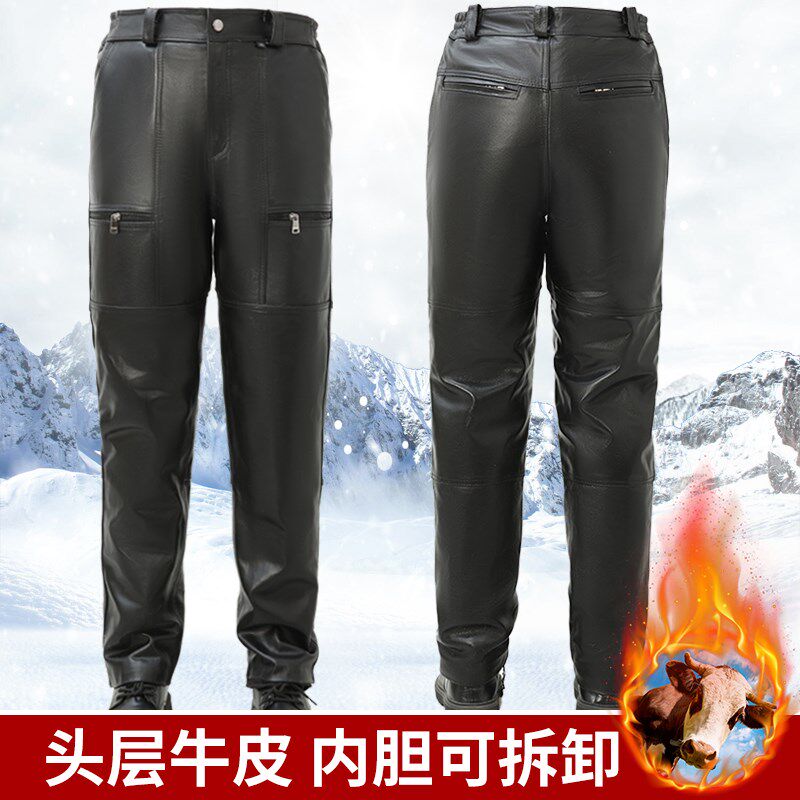 真皮裤子男头层牛皮机车保暖皮裤摩托车裤子男士户外多兜高腰防风