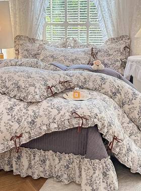 法公主水洗加风棉麻床盖四冬件套秋厚花YYU边被套夹棉床单床式上