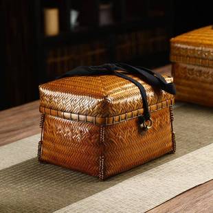 竹制品携手工古编织收复带盖纳盒便OJI茶具收纳包整理筐仿古收纳