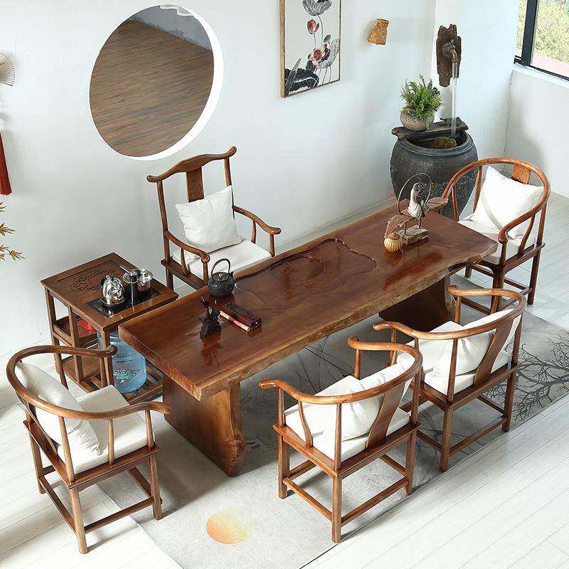 新中式全实泡木桌PRS公室待客洽谈大板茶桌家用茶稳办固茶桌椅组