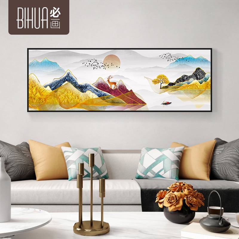 新中式山水画客厅壁画抽象装饰画卧室挂画床头画福禄麋鹿中式画图片