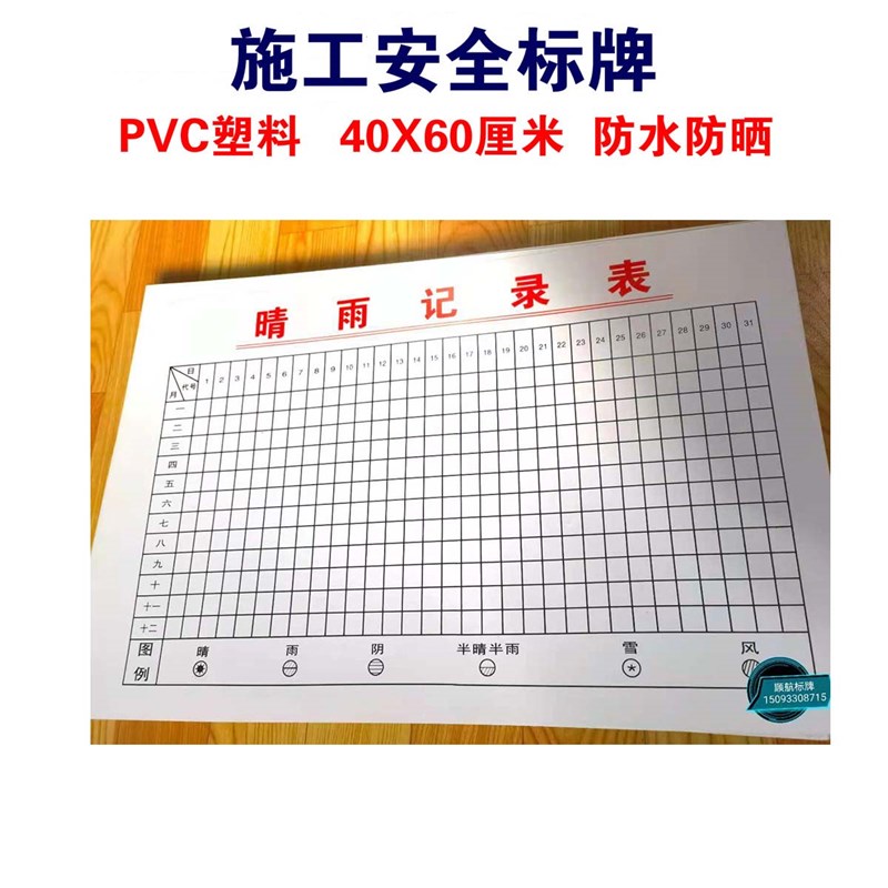 晴雨记录表进度表标识牌PVC标牌施工工程工地安全操作规程制度