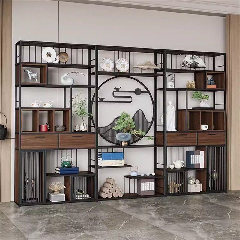 新中式铁艺博古架落地书架展示柜办公室隔段置物架U餐厅茶室展示