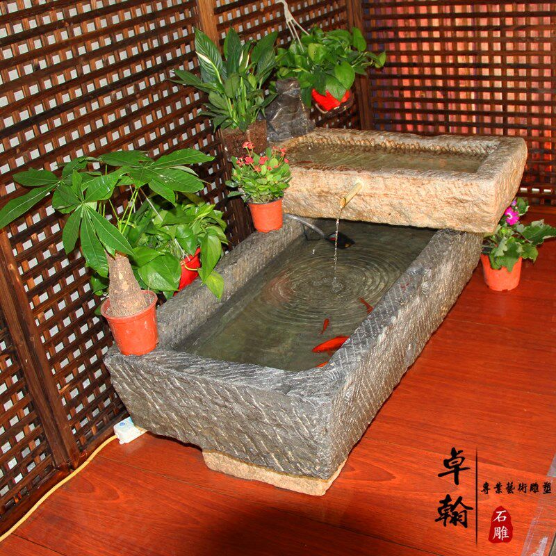 老旧石槽鱼缸养鱼池庭院招财牛槽流水组合室内青石圆马.槽石雕摆