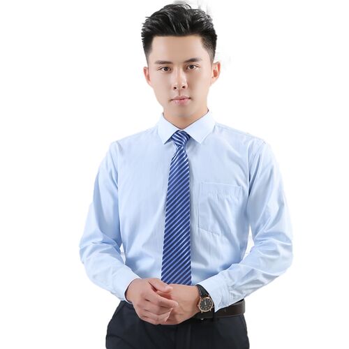 建行男士长e袖衬衫蓝色细斜纹工作服行服职业工装制服面试正装衬