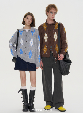 rsminus男女同款美式复古菱形格绞花毛衣外套春季新款针织开衫潮