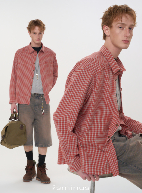 rsminus男装美式复古小格纹短款毛边衬衫2026年春季新款休闲衬衣