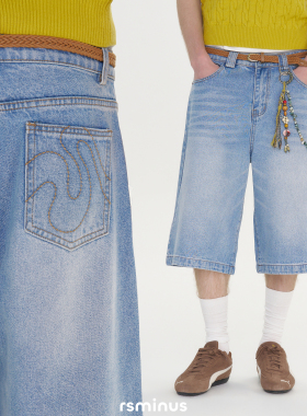 rsminus男装美式复古简约七分牛仔短裤2026夏季新款做旧直筒裤子