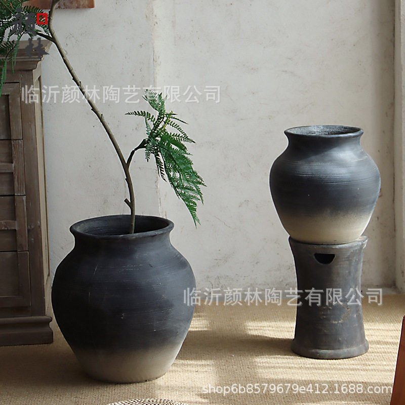 黑灰水泥做旧大肚子圆形花盆
