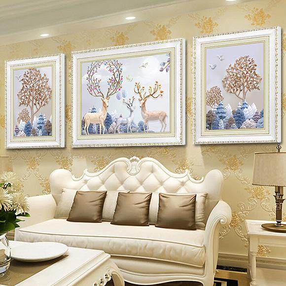 欧画式装饰画客厅挂简欧沙发景画墙画轻壁画大气麋鹿背画三联FM58