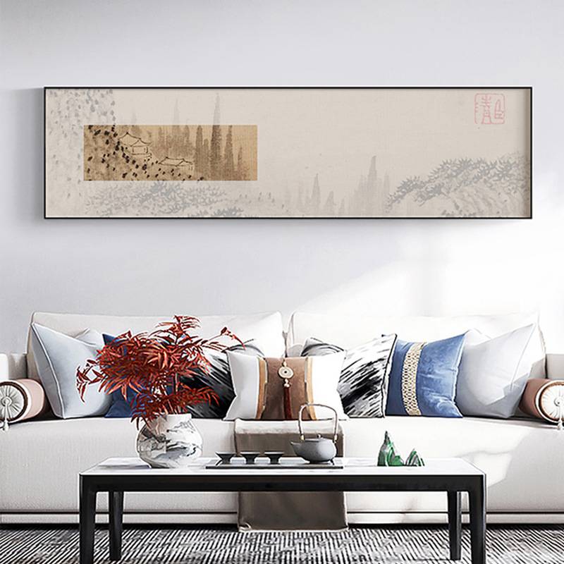 寻隐者 新中式禅意抽象山水卧室床头装饰画餐厅酒店挂画横板壁画