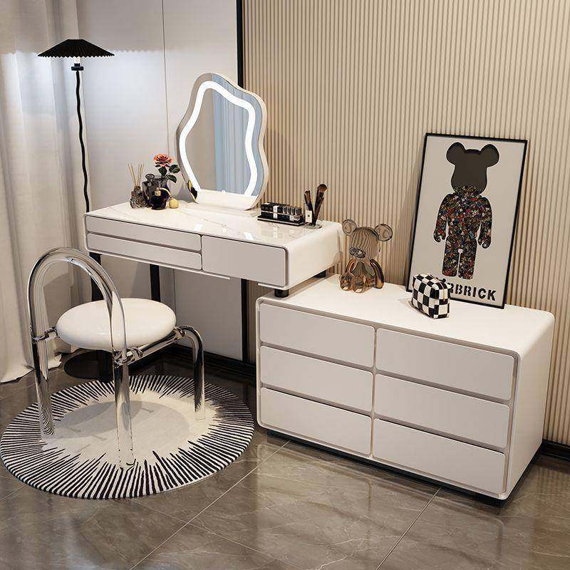 202奶油风板木梳妆CSA台床5头柜岩一体网红伸缩化妆台卧室现代简