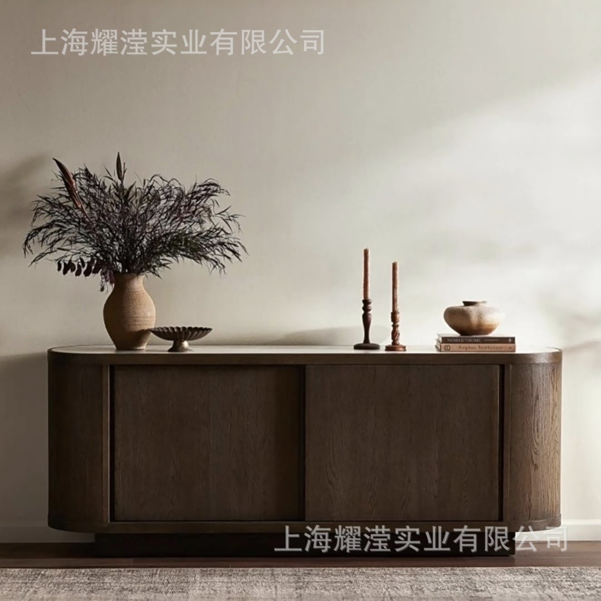 美式复古实木大理石推拉门餐边柜