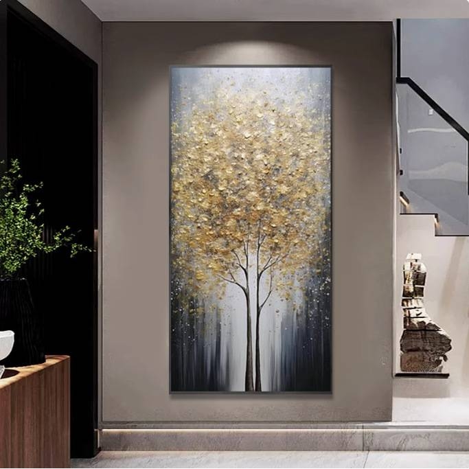 纯手绘发财树油画轻奢抽象画客厅装饰画简约肌理玄关挂画