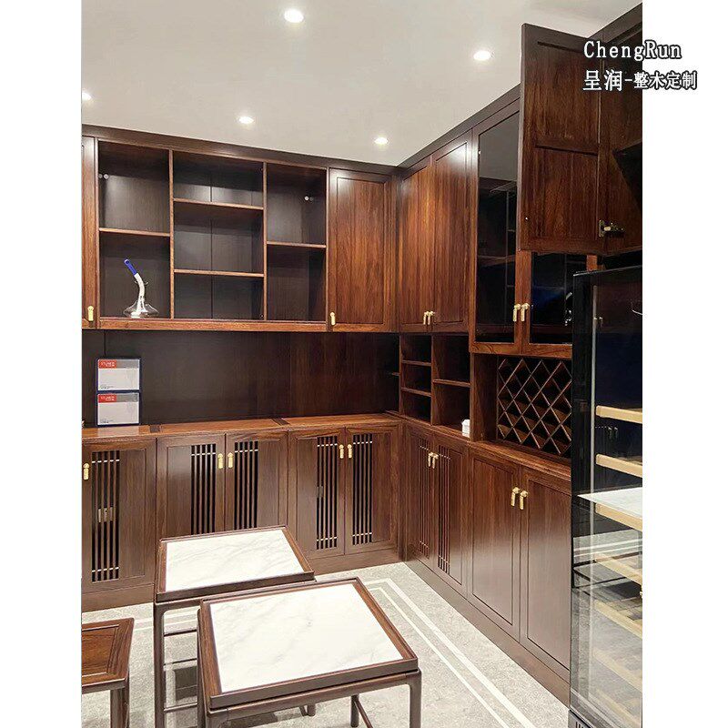 新中式客厅靠墙全实木酒柜定制乌金木整体K衣柜全屋定制柜工厂直