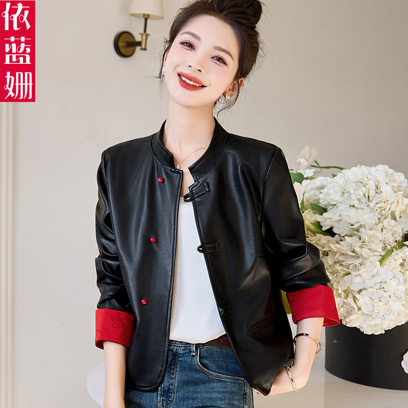 欧货盘扣国风新中式短款皮衣外套女2025春秋新款洋气修身夹克上衣