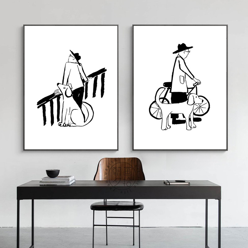 我的爱人和狗韩系小众艺术黑白装饰画卧室餐厅壁画咖啡店玄关挂画