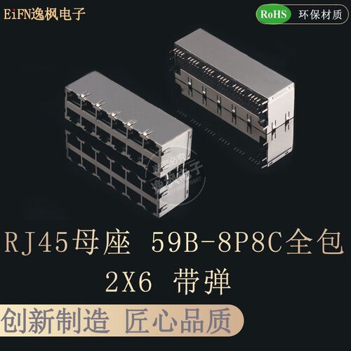RJ45网口母座 59B-8P8C 2X6双层全包带弹网络连接器 12口卧插