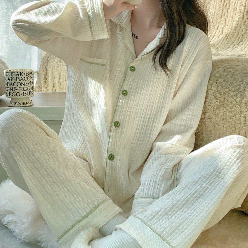 睡衣女款春秋季长袖可外穿女士甜美小清新棉质薄款开衫家居服套装