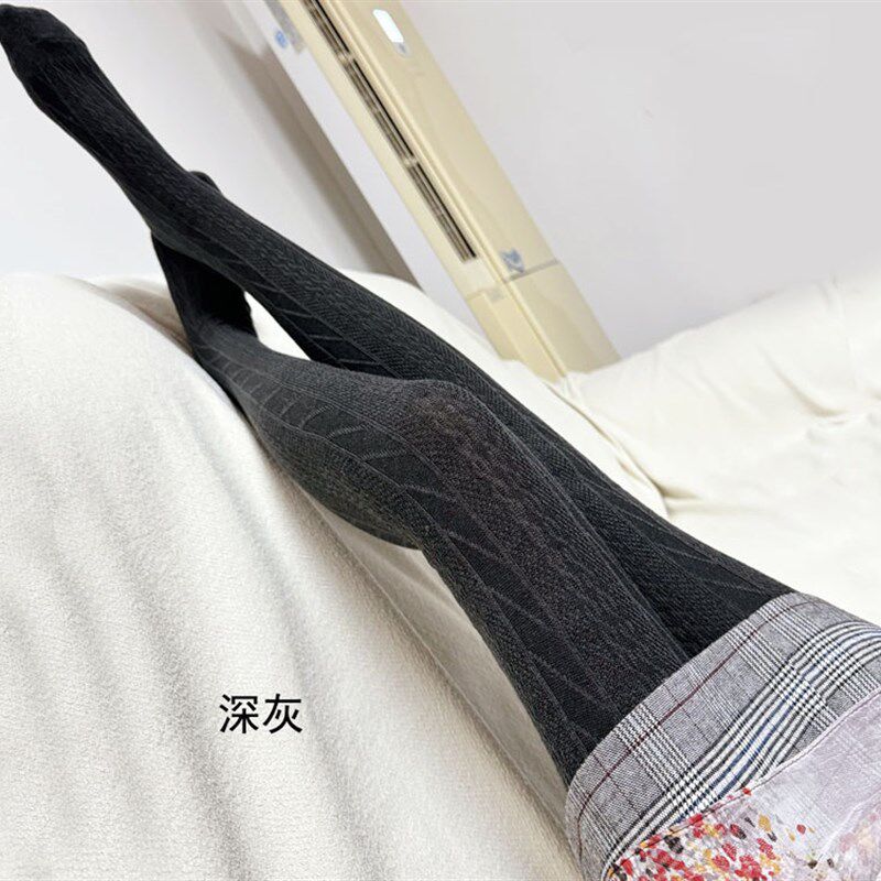 秋冬日系外贸羊毛针织打底袜显瘦暗纹提花薄绒保暖加厚针织连裤袜