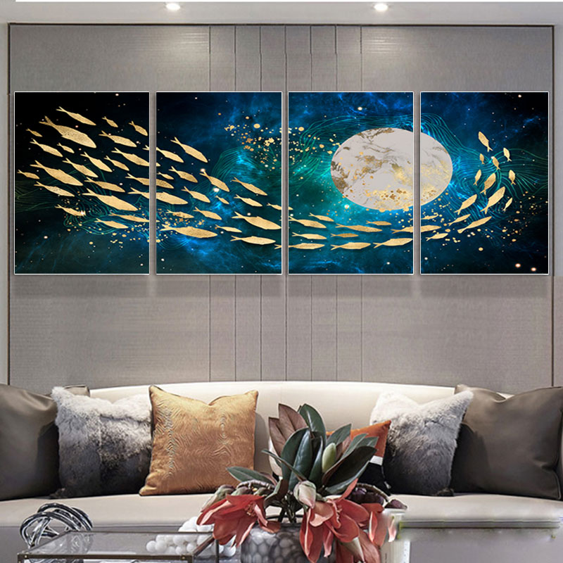 轻奢画大幅气派四联画客厅装饰画沙发背景墙壁画挂画星空金色游鱼