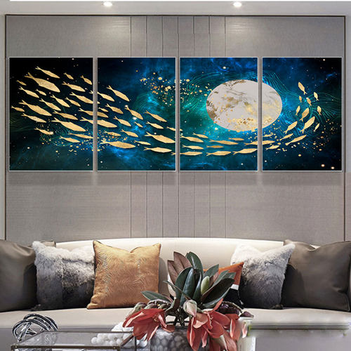 轻奢画大幅气派四联画客厅装饰画沙发背景墙壁画挂画星空金色游鱼
