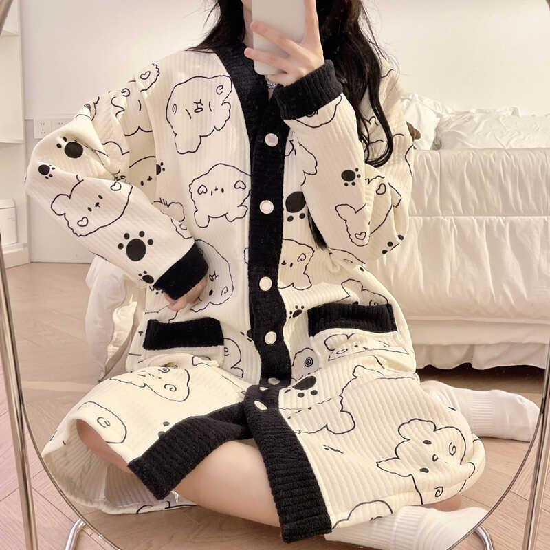 带胸垫空气棉月子服待产睡裙秋冬季孕妇睡裙春秋纯棉产后哺乳睡衣