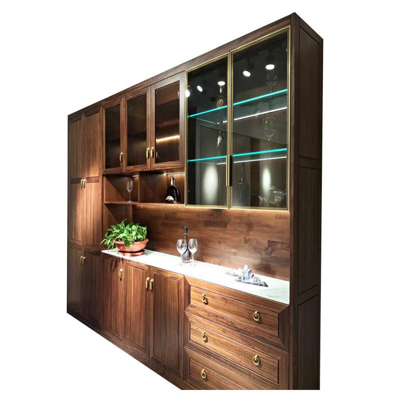 新中式客厅靠f墙全实木酒柜定制乌金木整体衣柜全屋定制柜工厂直