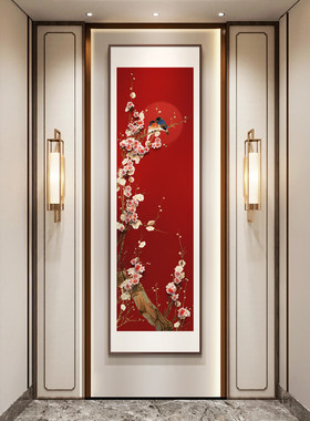 入户玄关装饰画《喜鹊登梅》x走廊样板房客厅立体竖款实物壁画卧