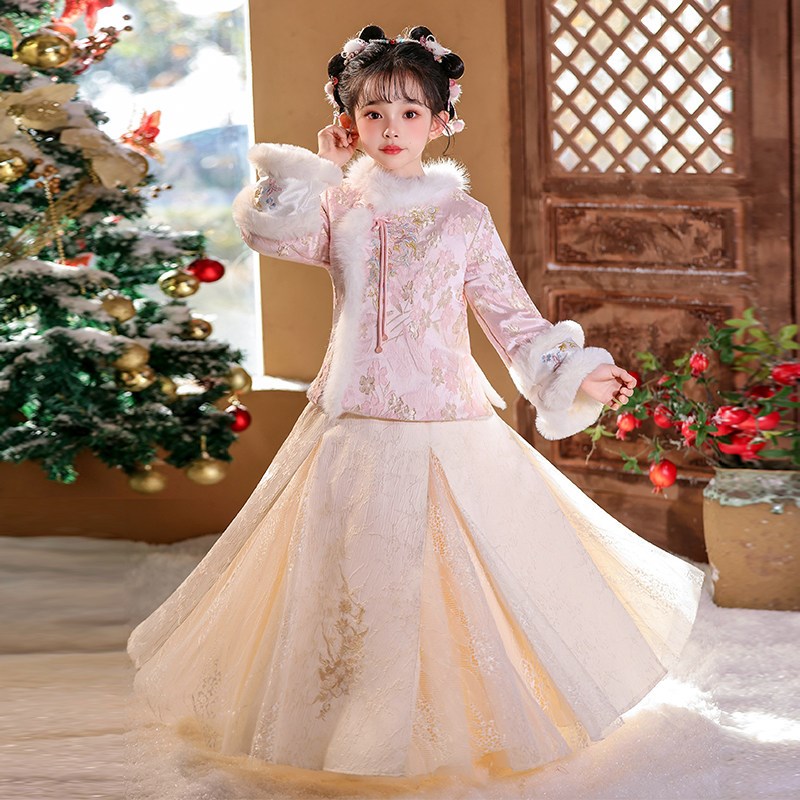 汉服女童古风2025新款冬季加厚拜年服儿童超仙中国风过年套装裙子