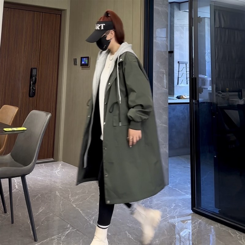 风衣女春秋大码显瘦胖mm休闲过膝工装韩版连帽拼接宽松中长款外套