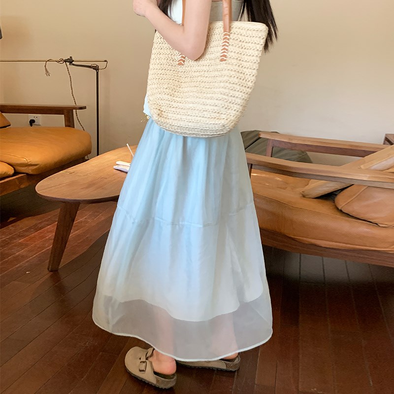 绿色纱裙半身裙女夏季2025新款高腰显瘦a字伞裙中长款蓬蓬蛋糕裙