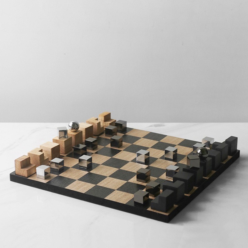 轻奢创意方块国际象棋盘摆件样板间书房飘窗桌面高端实木棋盘装饰