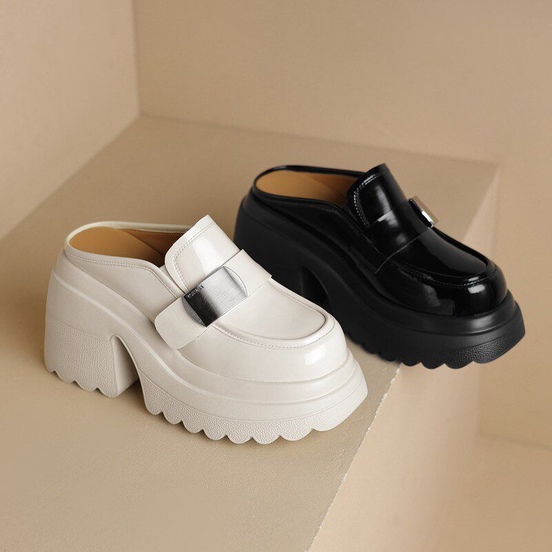 真皮10cm高跟包头半拖鞋女夏季外穿英伦风米白色厚底松糕粗跟凉鞋