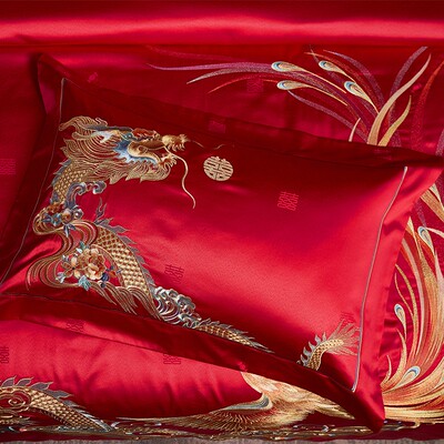 新中式重工刺绣婚庆陪嫁全棉四件套奢华结U婚喜被床上用品