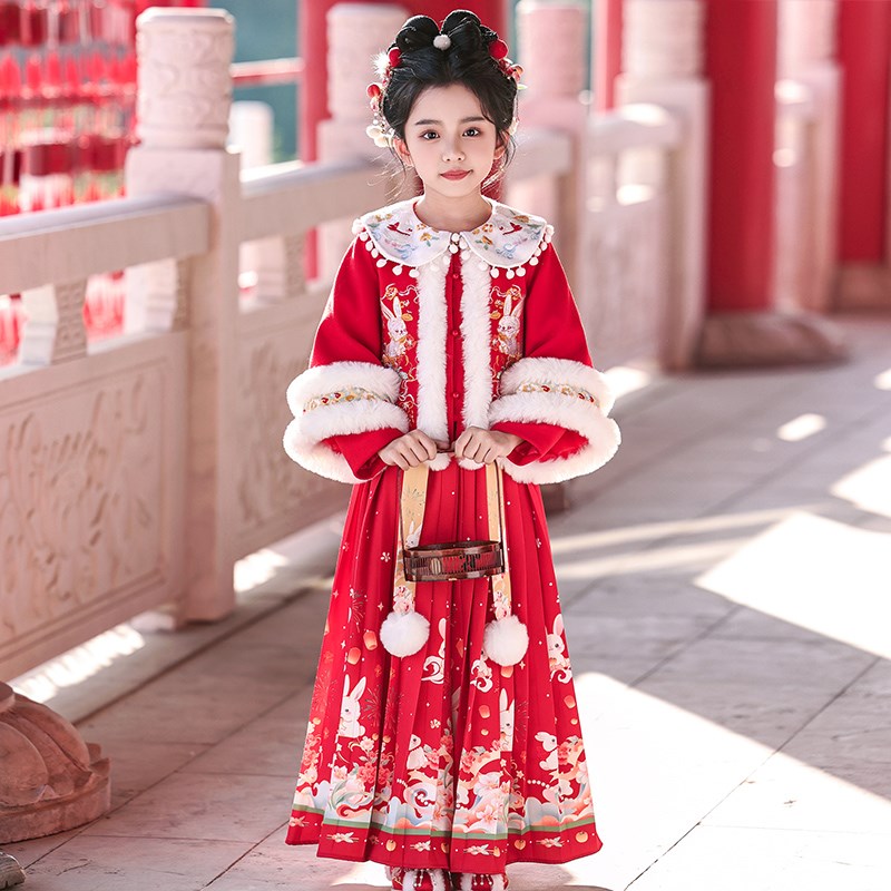 女童拜年服冬季2025新款儿童汉服秋冬女宝宝过年喜庆衣服新年唐装