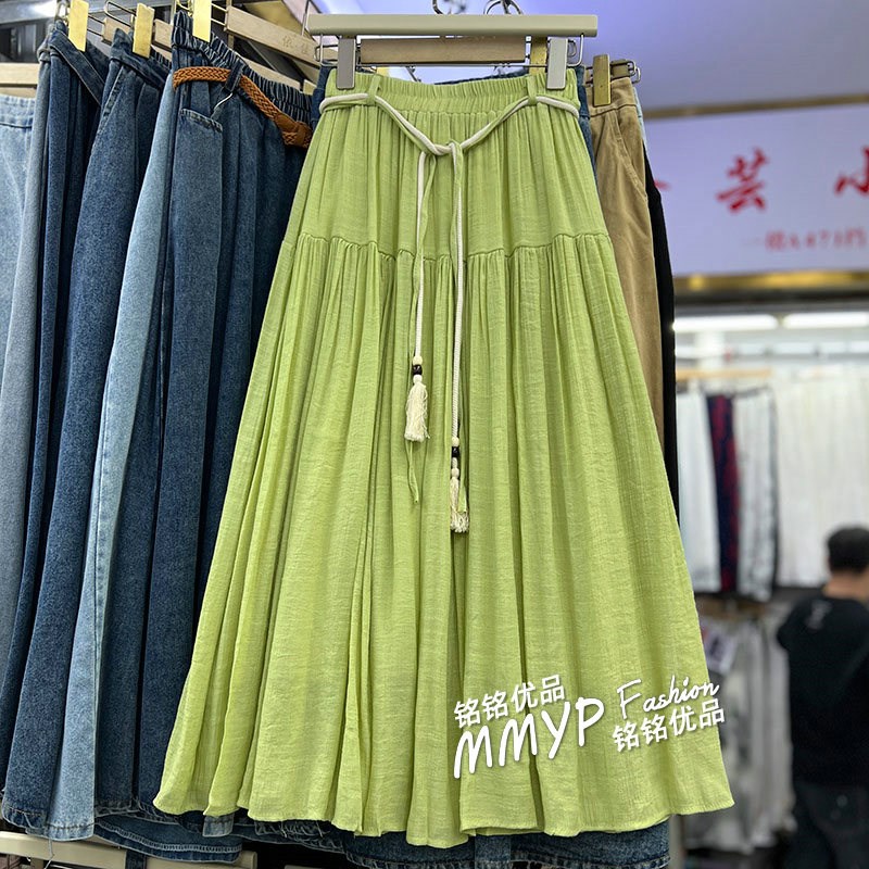 春季流苏系带多巴胺绿色棉麻蛋糕裙半身裙女夏季2025新款半裙长裙