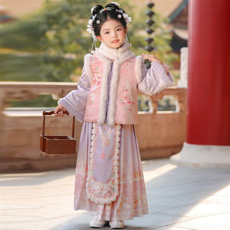 汉服女童冬季马面裙套装2025新款儿童加厚唐装小女孩中国风拜年服