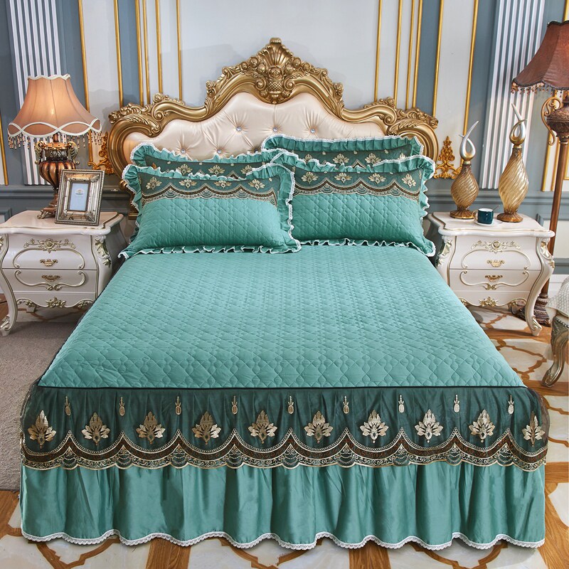 全棉加厚床裙三件套纯棉100夹棉透气床罩蕾丝床单1.8米床套保护罩