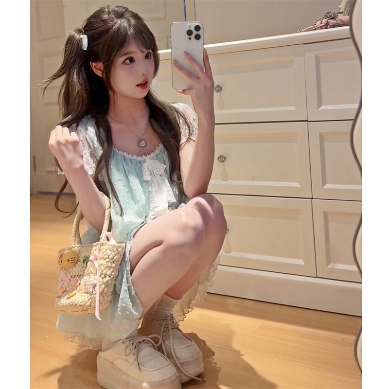 甜美蕾丝公主仙女绿色上衣白色蛋糕裙女夏季