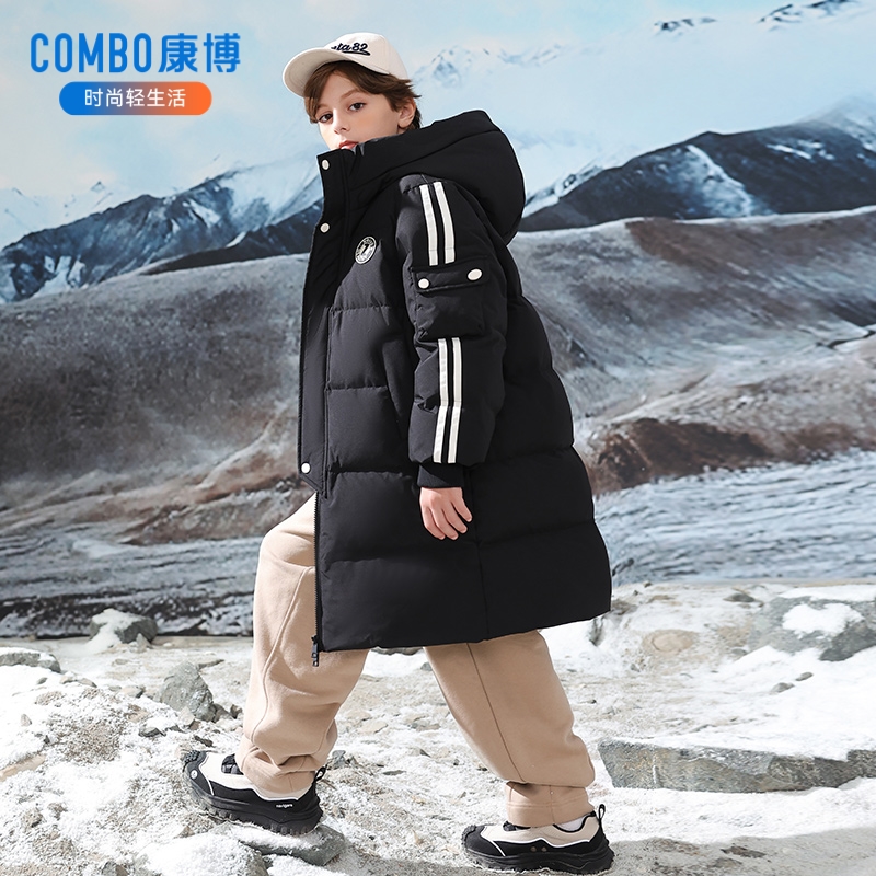 康博男童中长款羽绒服儿童大童新款加厚保暖户外冬装外套