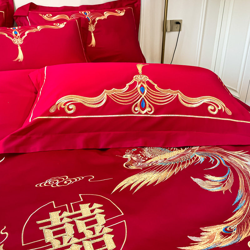 龙凤刺绣a婚庆四件套大红色床单被套全棉结婚床上用品婚房